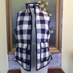 Mercer & Madison Vest Women Size Medium Blue Cream Plaid Quilted Full Zip Pocket